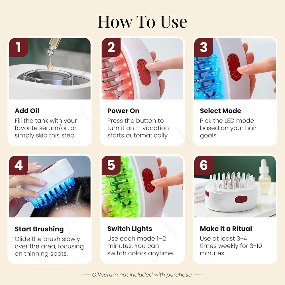 7 in 1 Red Light Hair Brush Comb Vibrating Electric Red Light Scalp Massager with Oil Applicator Hair Care Hair Growth Head Spa