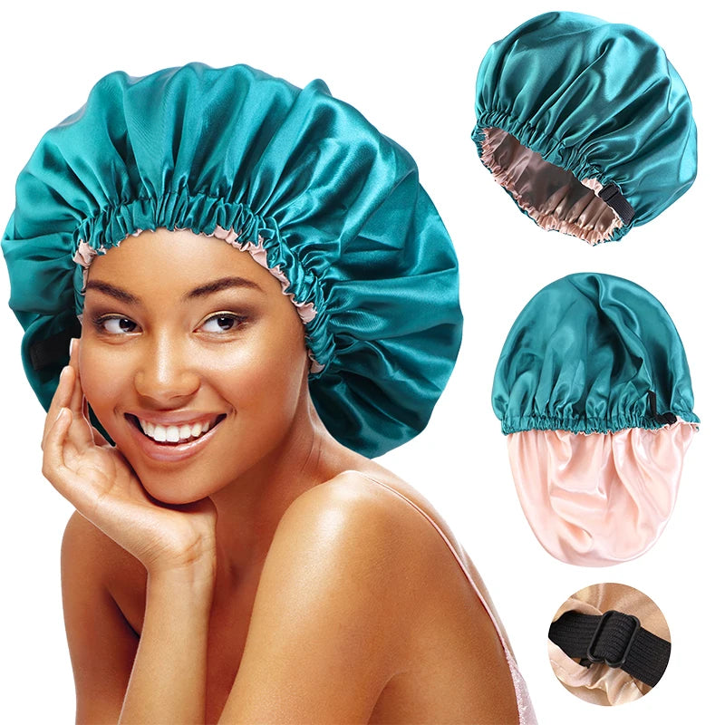Satin Bonnet for Sleeping Adjustable Silk Bonnet for Curly Hair Bonnets Double Layer Large Satin Lined Sleep Cap for Women